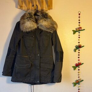 Dark Olive Utility Parka with Faux Fur Trim